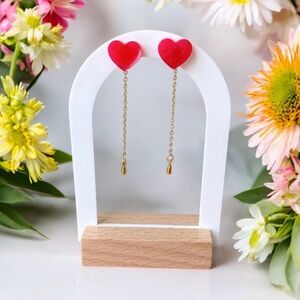 Heart Drop Chain Earrings Handcrafted Pink Heart Drop Chain Earring - Silver